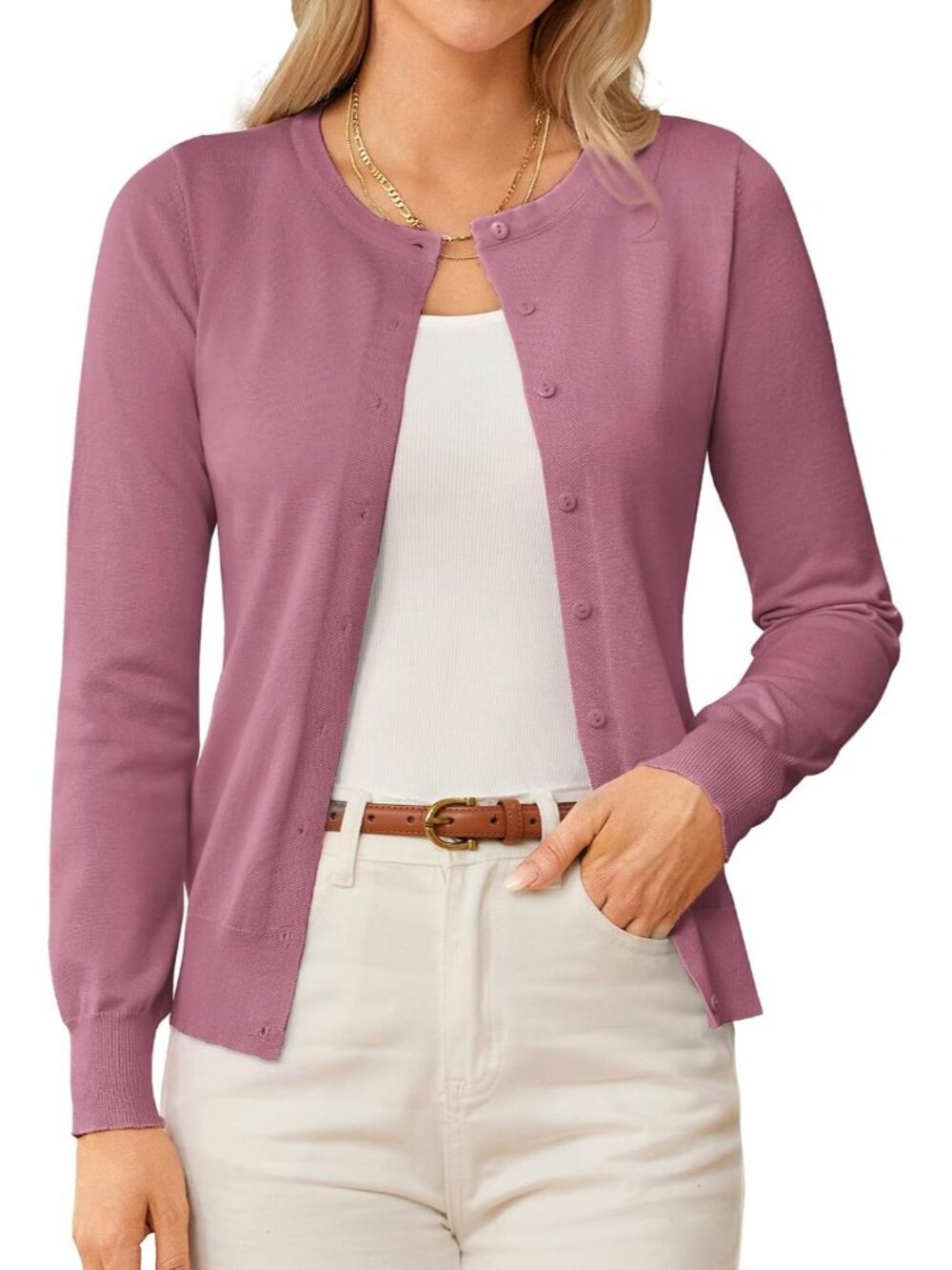 🆕Women's Dusty Rose Lightweight Knit Cardigan Sweater Crew Neck Button Front